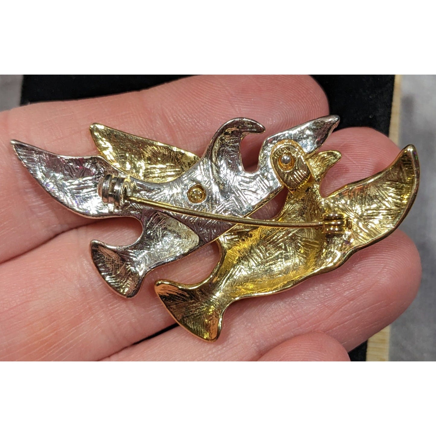 Vintage Silver And Gold Tone Flying Bird Pair Brooch