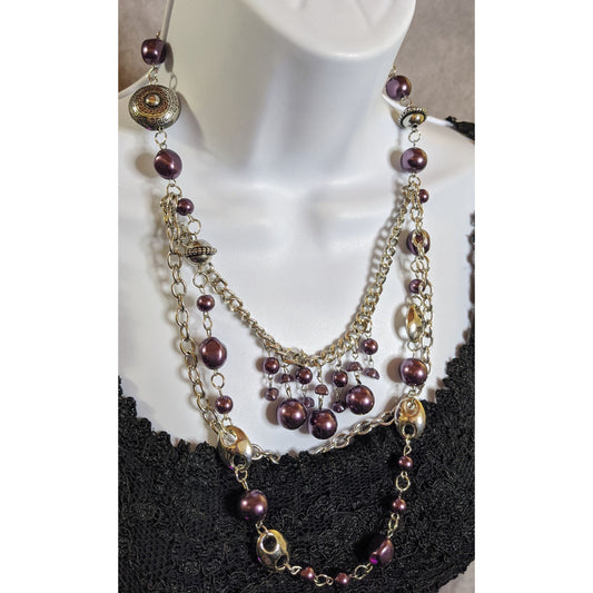 Bohemian Multi-Layered Purple Faux Pearl And Silver Tone Chain Necklace