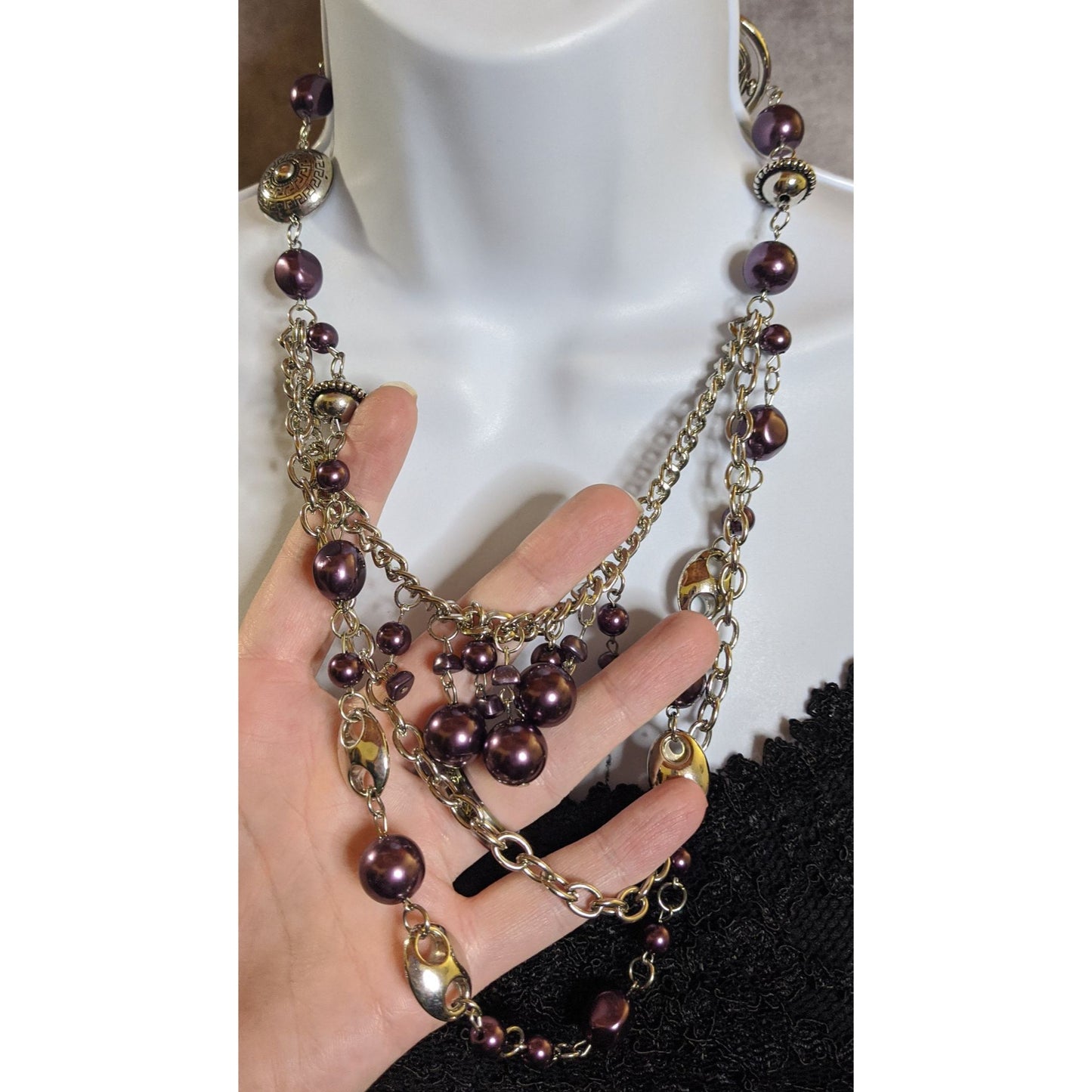 Bohemian Multi-Layered Purple Faux Pearl And Silver Tone Chain Necklace