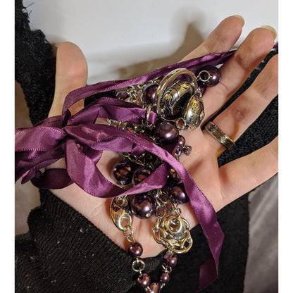 Bohemian Multi-Layered Purple Faux Pearl And Silver Tone Chain Necklace