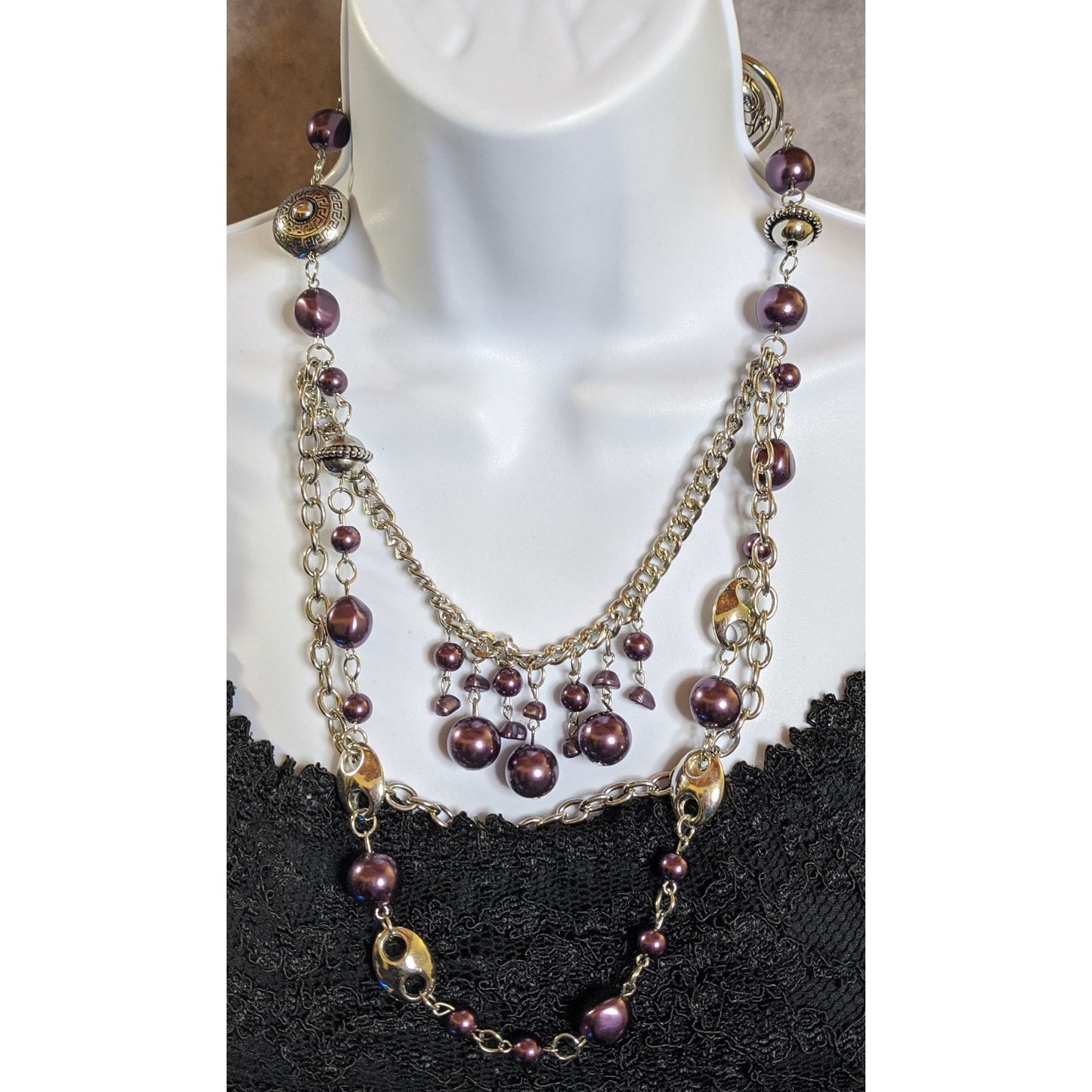 Bohemian Multi-Layered Purple Faux Pearl And Silver Tone Chain Necklace