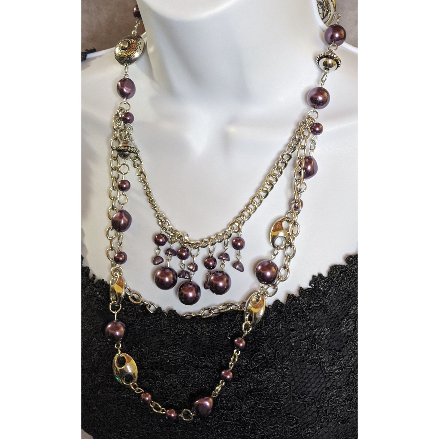 Bohemian Multi-Layered Purple Faux Pearl And Silver Tone Chain Necklace