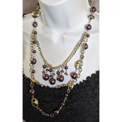 Bohemian Multi-Layered Purple Faux Pearl And Silver Tone Chain Necklace