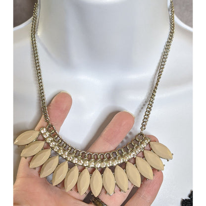 Elegant Silver Tone Statement Necklace With Cream Marquise Accents & Rhinestones