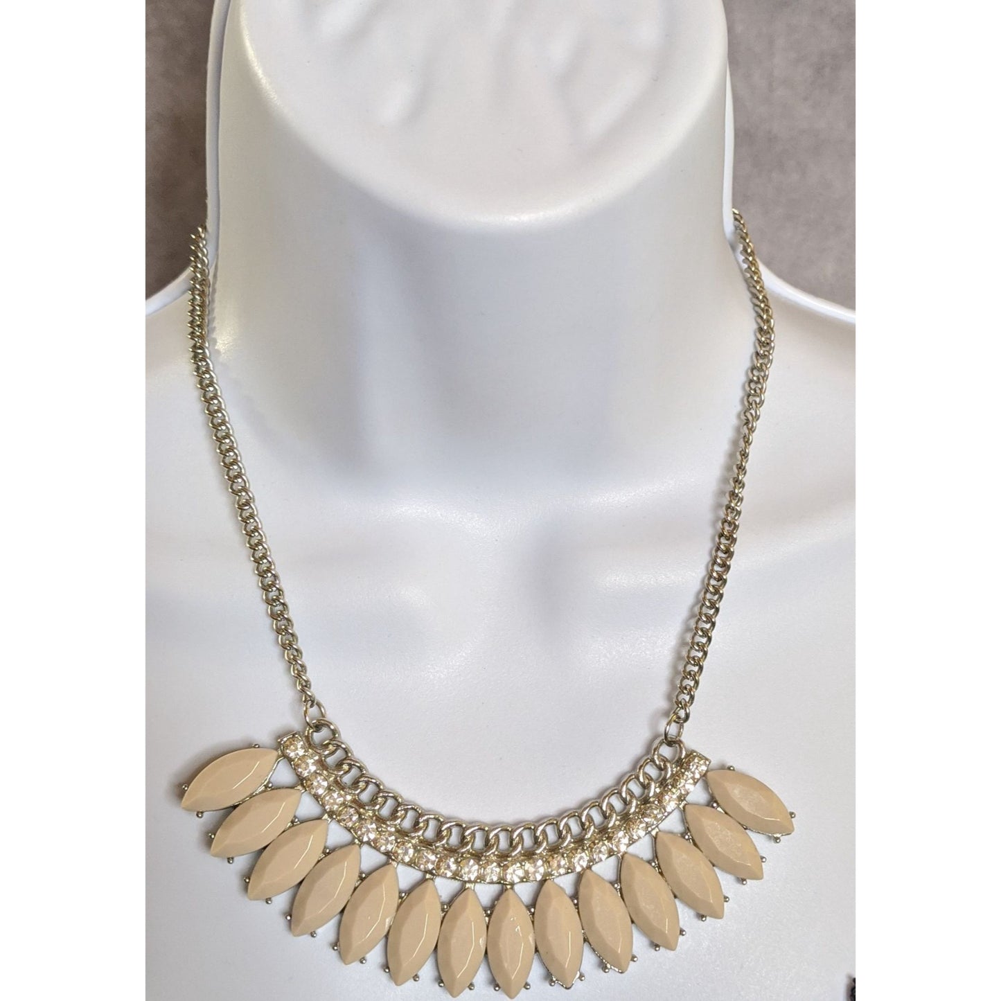 Elegant Silver Tone Statement Necklace With Cream Marquise Accents & Rhinestones