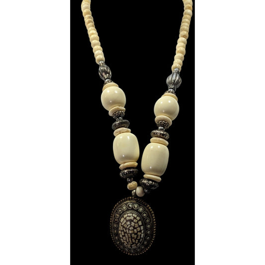 Vintage Bohemian Varved Cow Bone And Metal Necklace