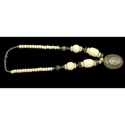 Vintage Bohemian Varved Cow Bone And Metal Necklace