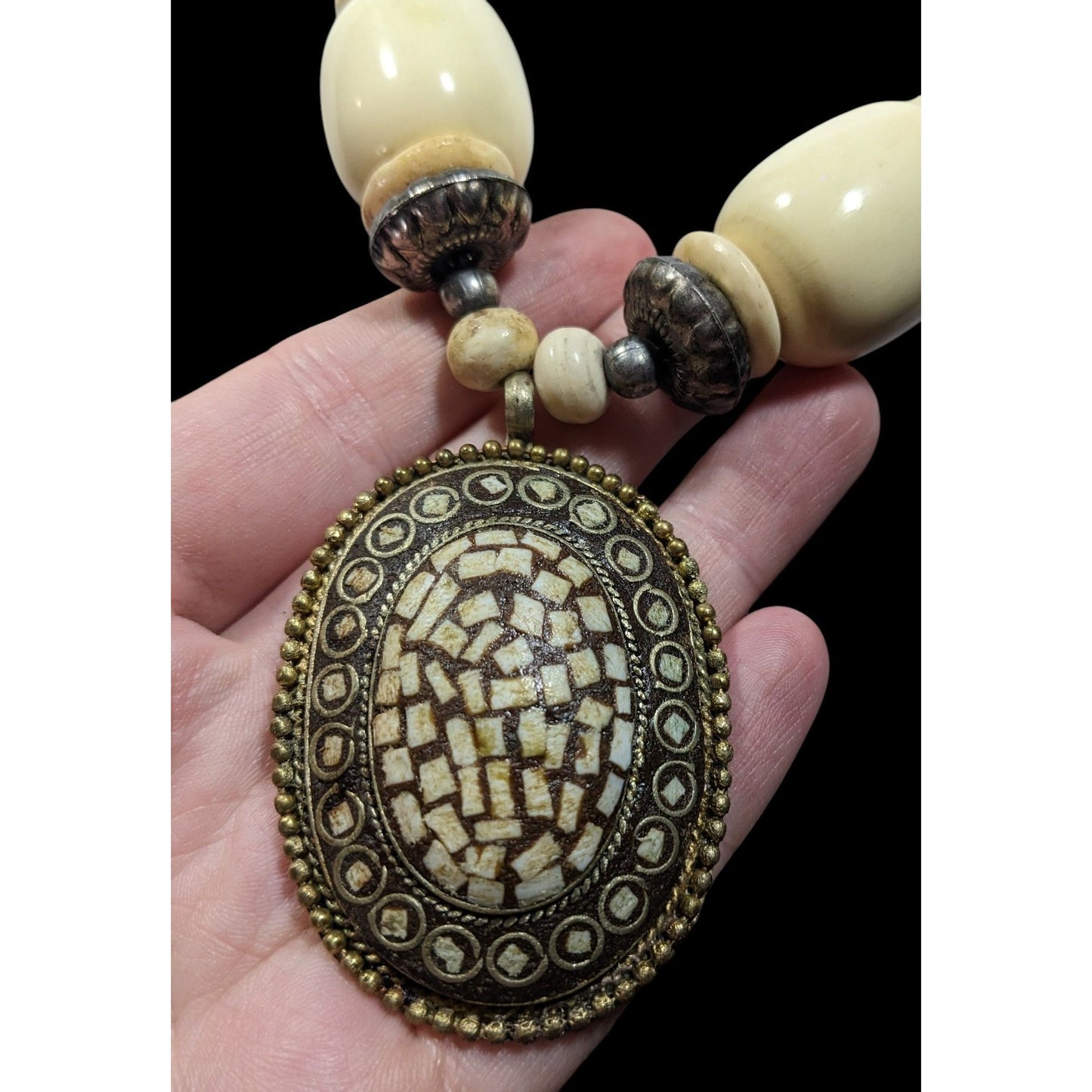 Vintage Bohemian Varved Cow Bone And Metal Necklace