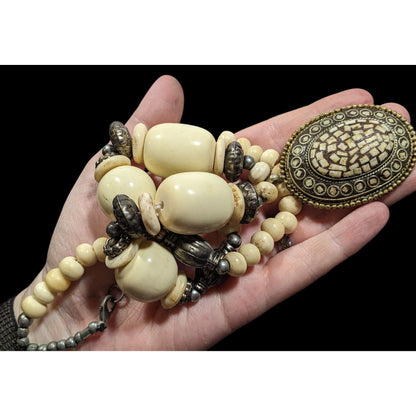 Vintage Bohemian Varved Cow Bone And Metal Necklace