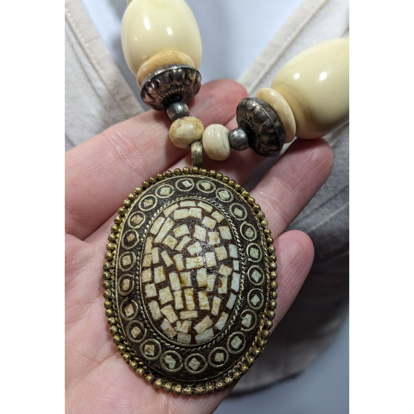 Vintage Bohemian Varved Cow Bone And Metal Necklace