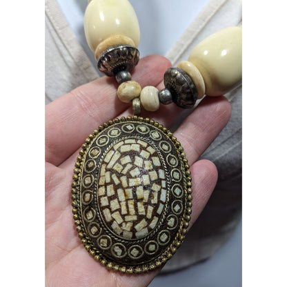 Vintage Bohemian Varved Cow Bone And Metal Necklace