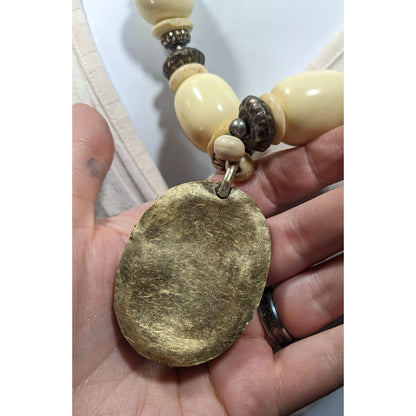 Vintage Bohemian Varved Cow Bone And Metal Necklace