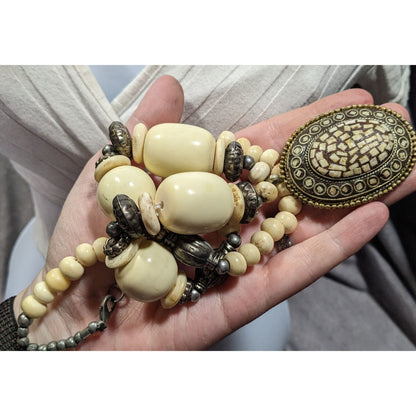 Vintage Bohemian Varved Cow Bone And Metal Necklace