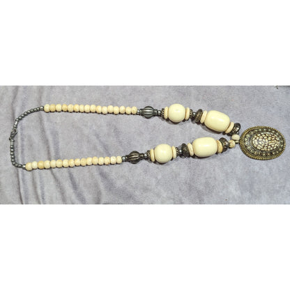 Vintage Bohemian Varved Cow Bone And Metal Necklace