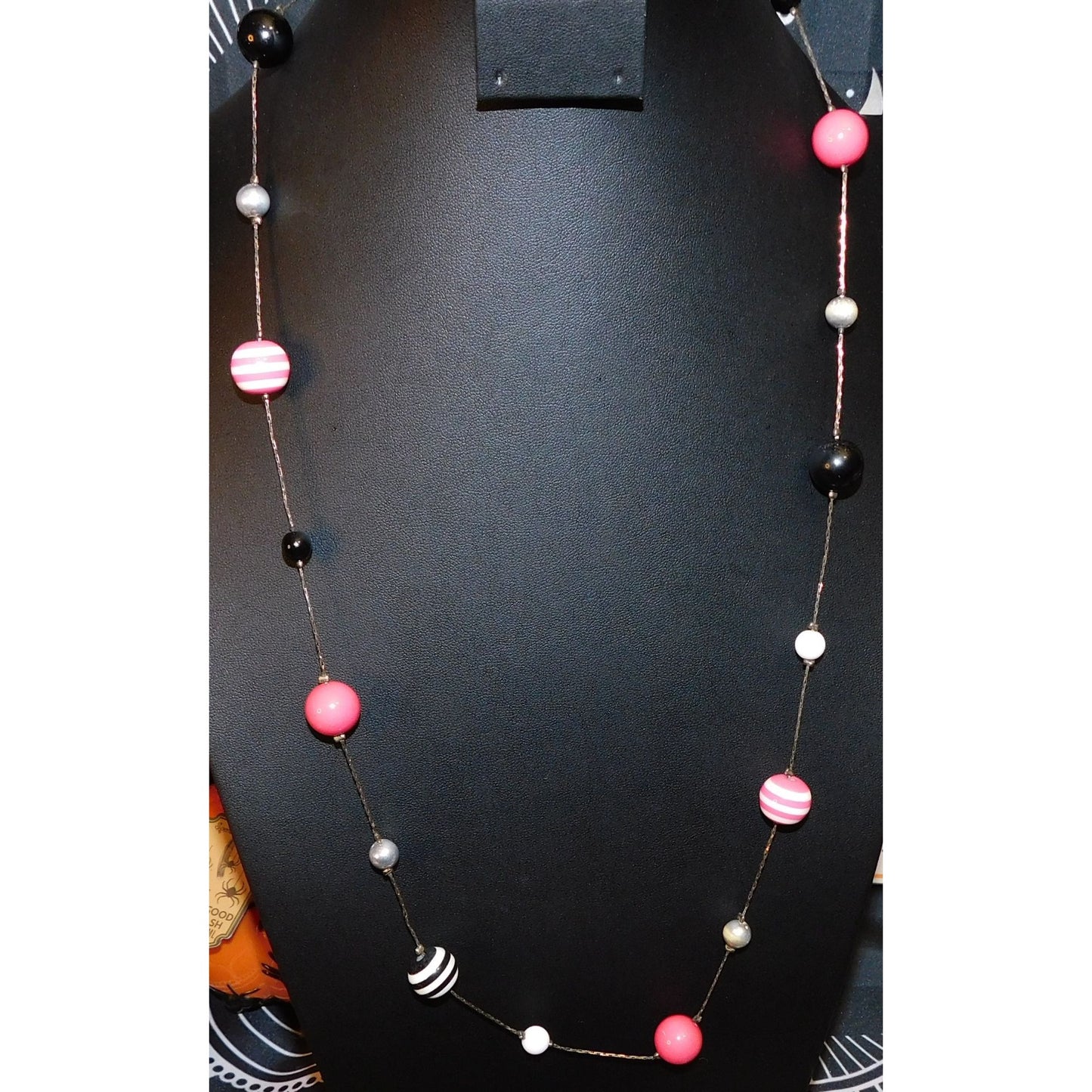 Pastel Goth Bubblegum Pink And Black Stripe Station Necklace