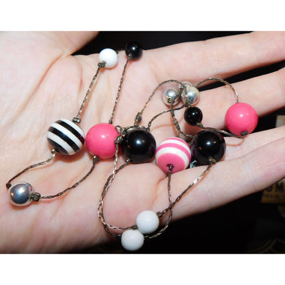 Pastel Goth Bubblegum Pink And Black Stripe Station Necklace