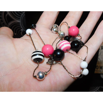 Pastel Goth Bubblegum Pink And Black Stripe Station Necklace