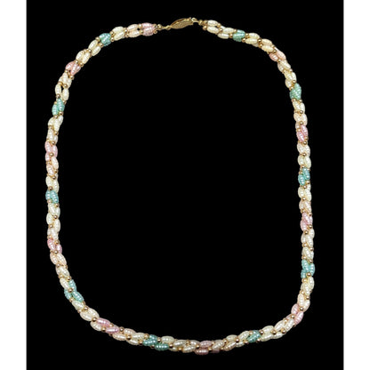 Vintage Coquette Pastel Rainbow Pearl Beaded Necklace With Gold Tone Accents