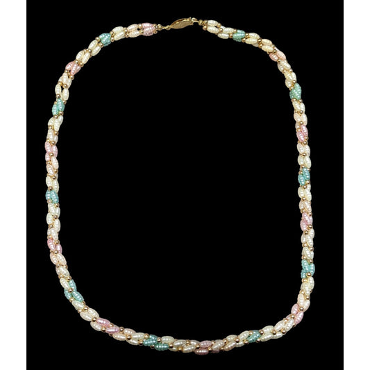 Vintage Coquette Pastel Rainbow Pearl Beaded Necklace With Gold Tone Accents