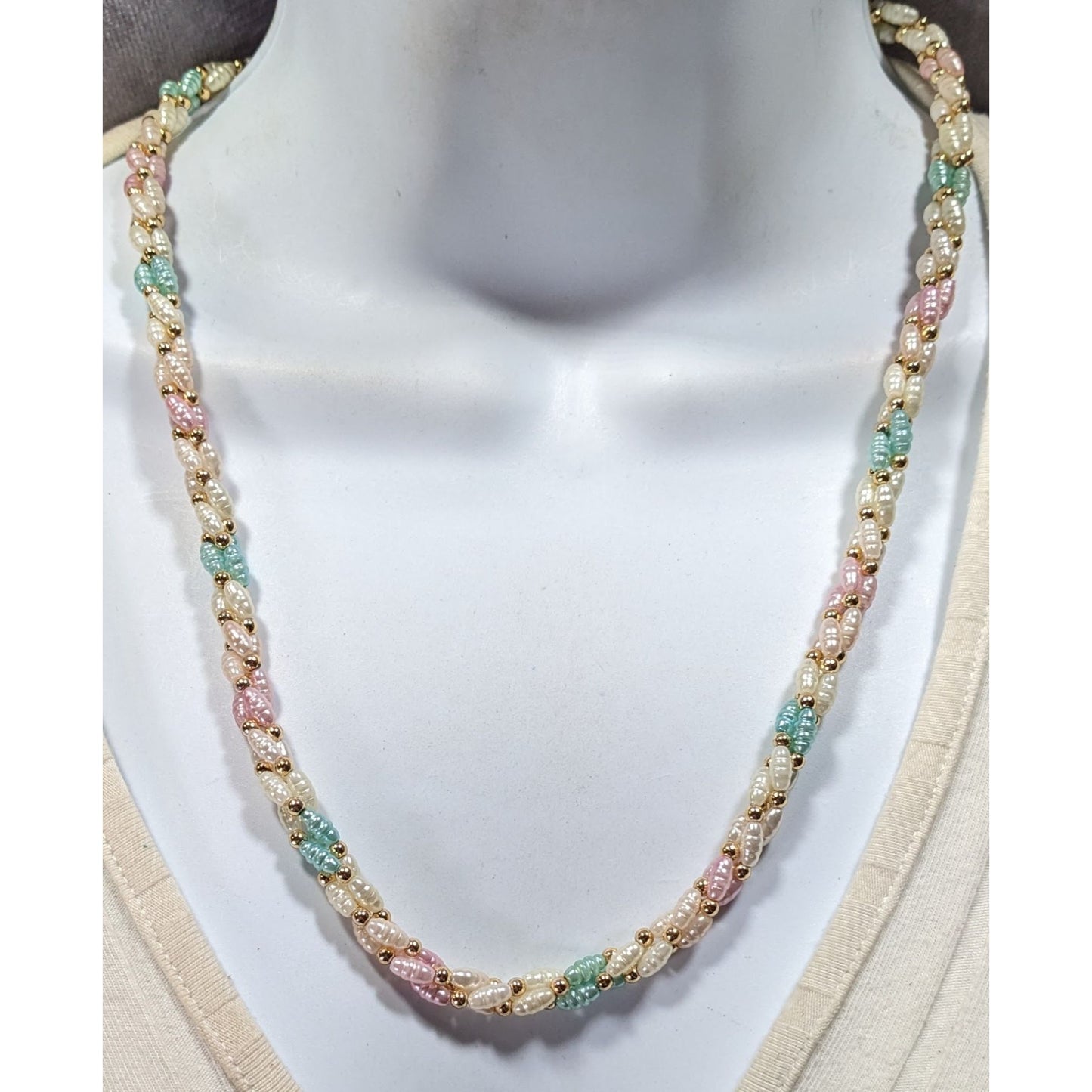 Vintage Coquette Pastel Rainbow Pearl Beaded Necklace With Gold Tone Accents