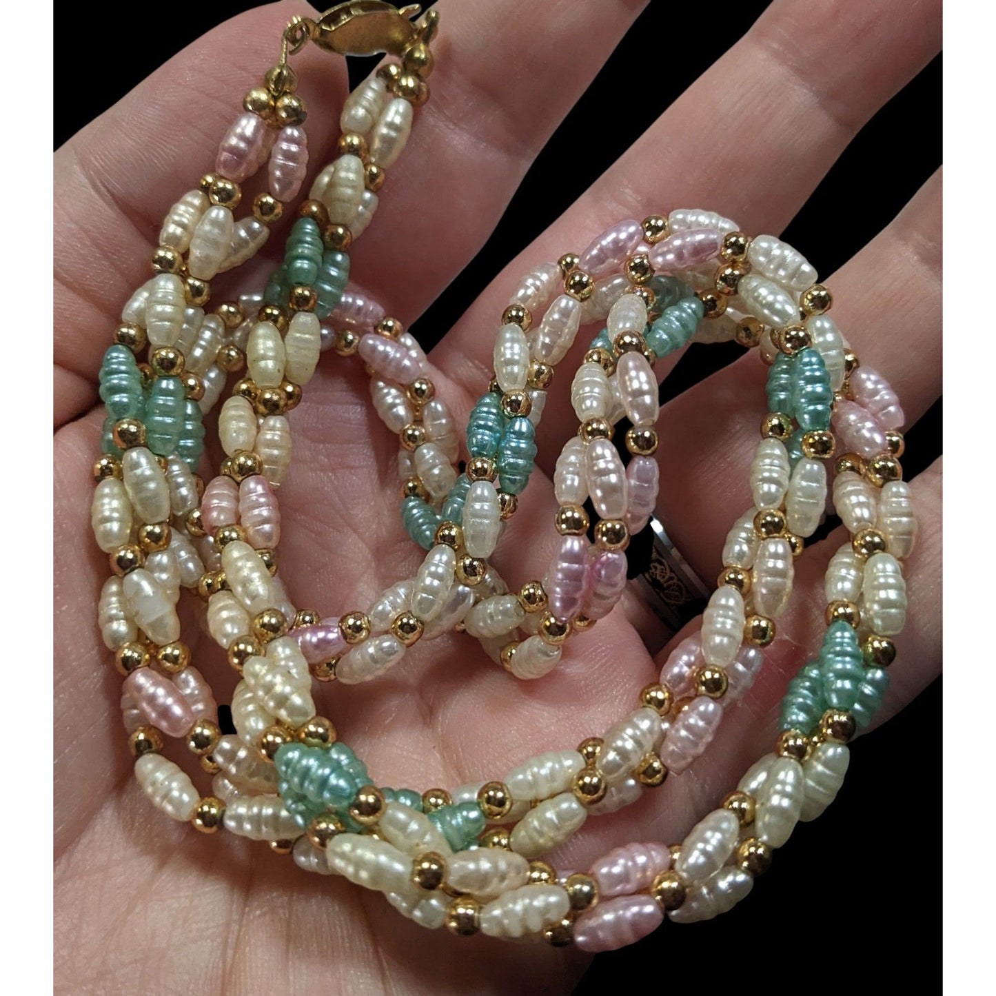 Vintage Coquette Pastel Rainbow Pearl Beaded Necklace With Gold Tone Accents