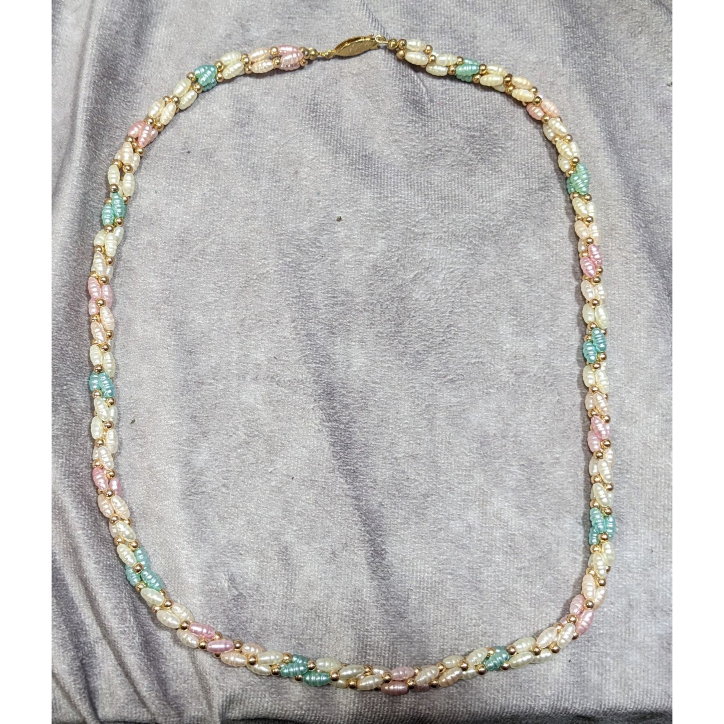 Vintage Coquette Pastel Rainbow Pearl Beaded Necklace With Gold Tone Accents