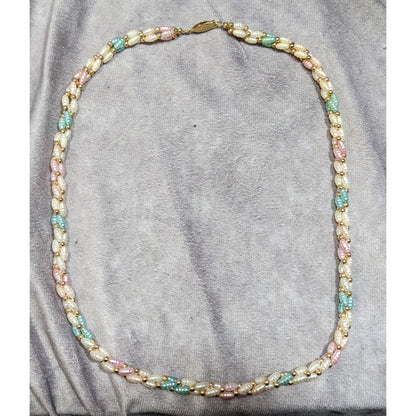 Vintage Coquette Pastel Rainbow Pearl Beaded Necklace With Gold Tone Accents