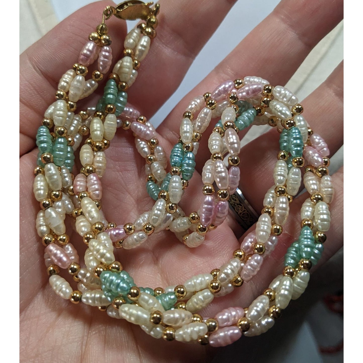 Vintage Coquette Pastel Rainbow Pearl Beaded Necklace With Gold Tone Accents