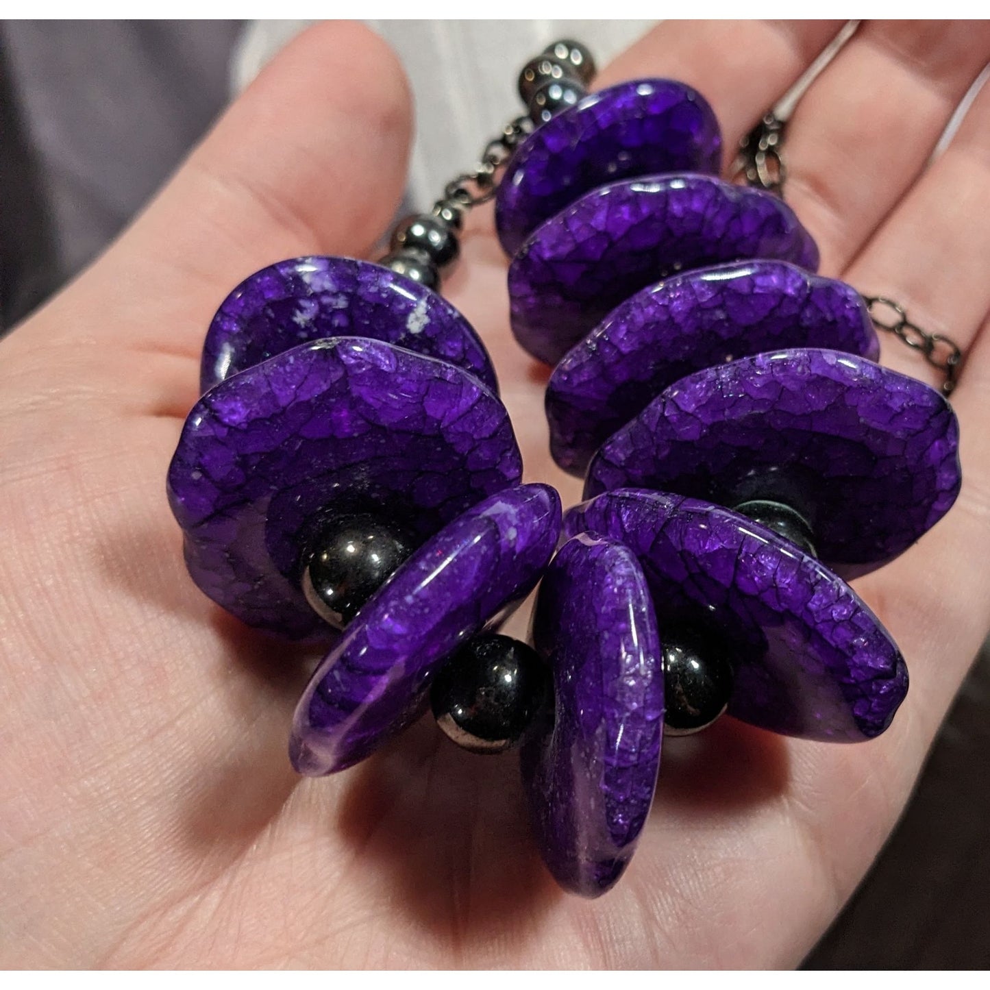Chunky Gothic Purple Crackle Disc Statement Necklace