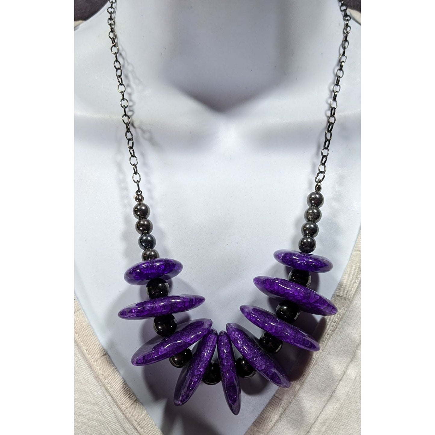 Chunky Gothic Purple Crackle Disc Statement Necklace