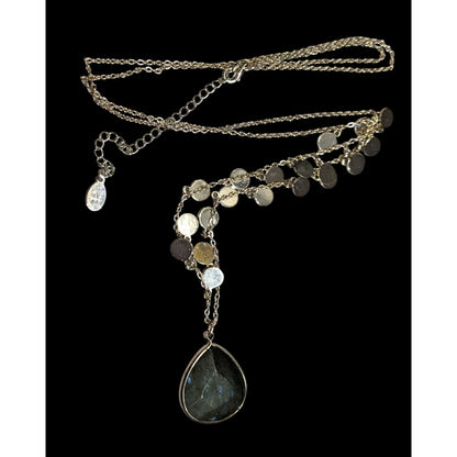 Boho Chic Gold Tone Charm Necklace With Teardrop Labradorite Pendant