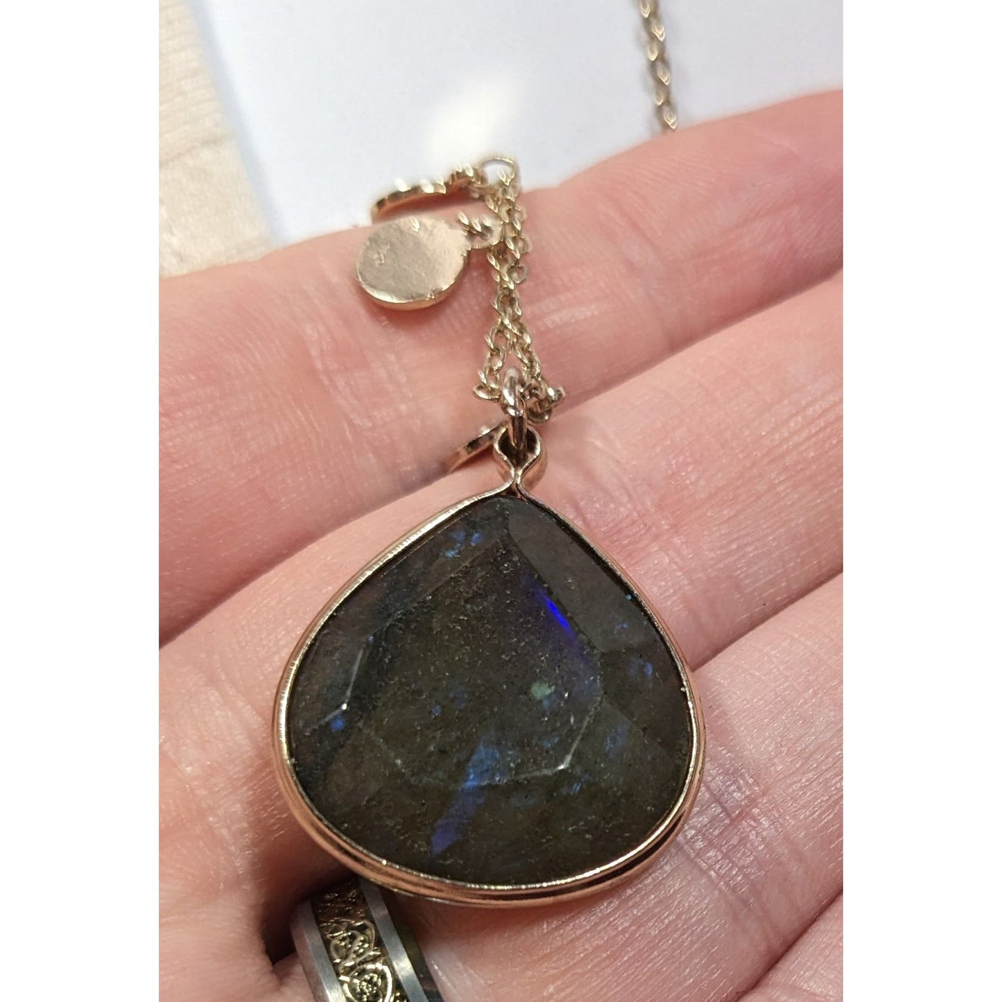 Boho Chic Gold Tone Charm Necklace With Teardrop Labradorite Pendant
