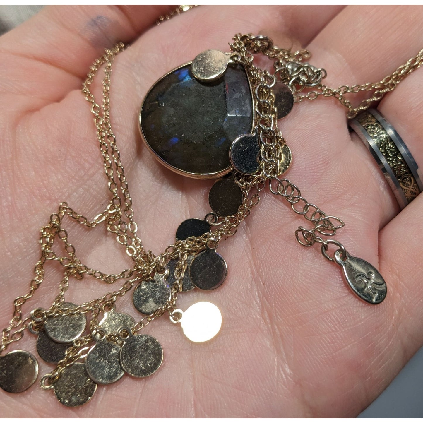 Boho Chic Gold Tone Charm Necklace With Teardrop Labradorite Pendant