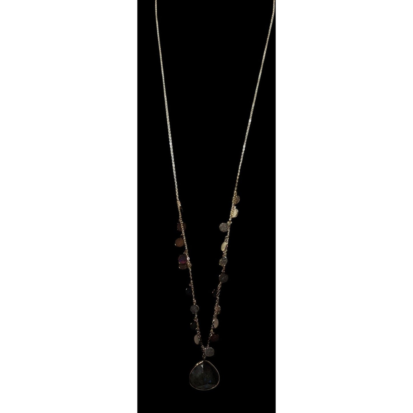 Boho Chic Gold Tone Charm Necklace With Teardrop Labradorite Pendant