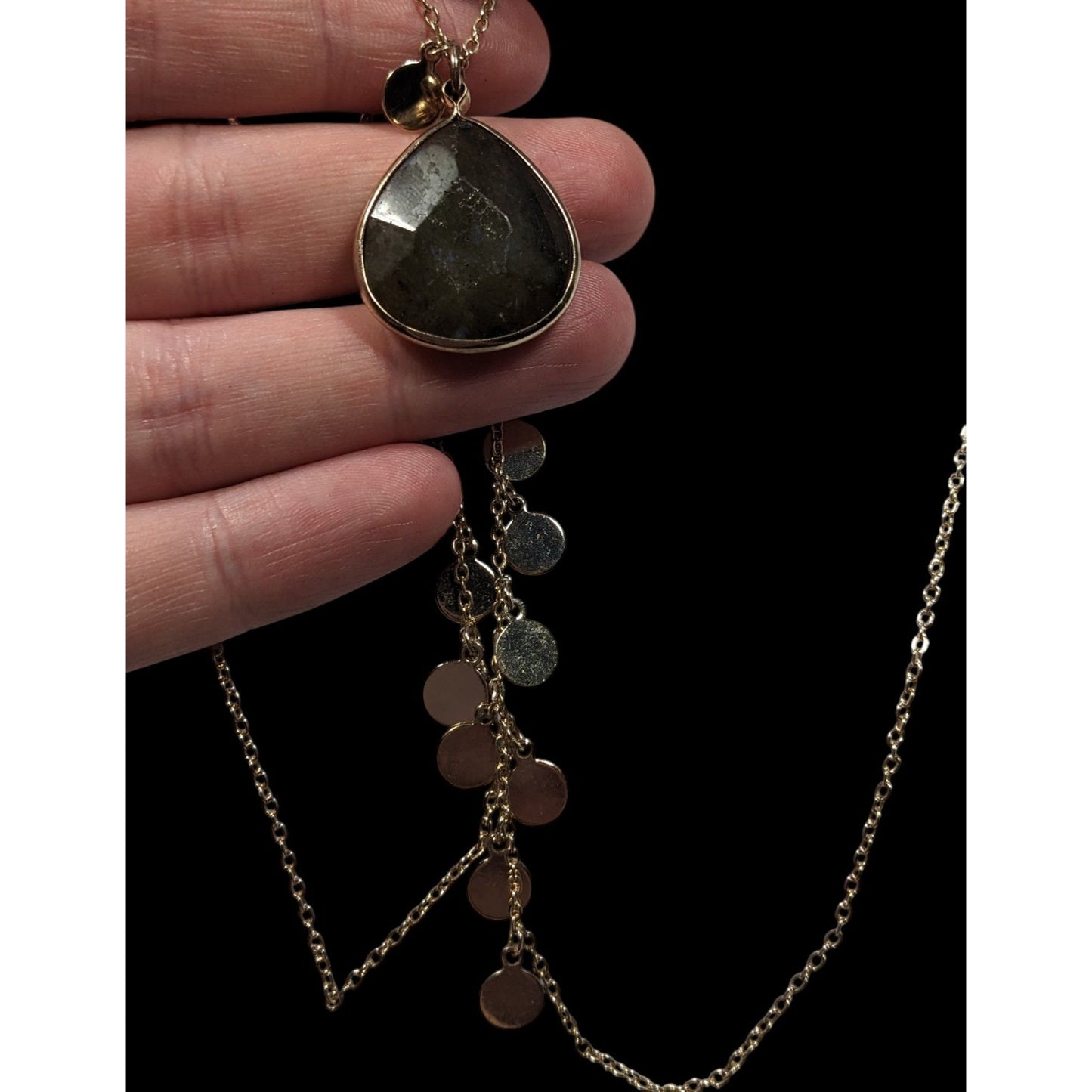 Boho Chic Gold Tone Charm Necklace With Teardrop Labradorite Pendant