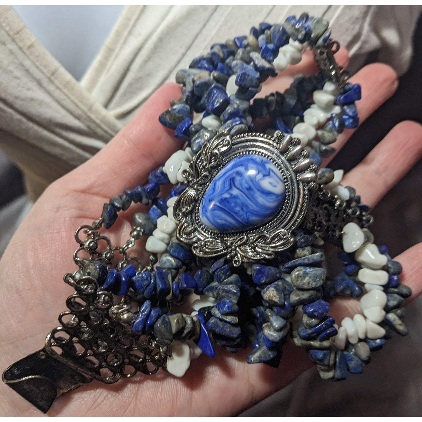 Vintage Novadab Blue And White Stone Chip Sodalite Chunky Necklace