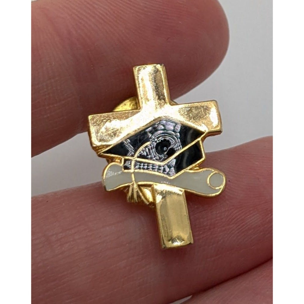 Gold-Tone Cross Pin With Cap & Scroll Detailing Religious Design