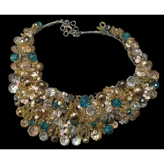 Aldo Gold And Blue Glam Beaded Cluster Bib Statement Necklace