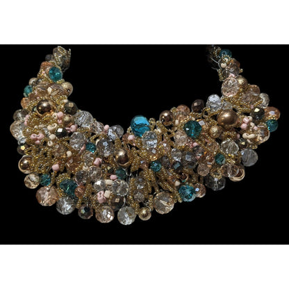 Aldo Gold And Blue Glam Beaded Cluster Bib Statement Necklace