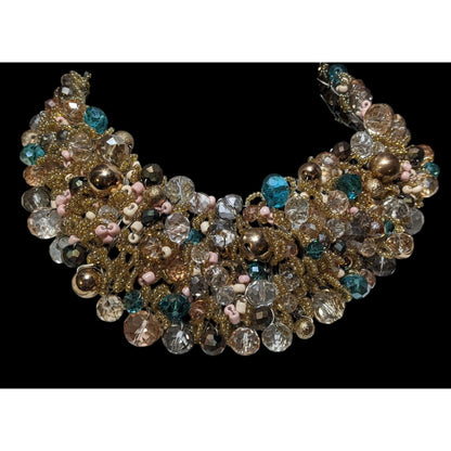 Aldo Gold And Blue Glam Beaded Cluster Bib Statement Necklace