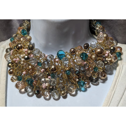 Aldo Gold And Blue Glam Beaded Cluster Bib Statement Necklace