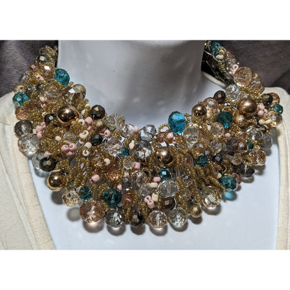 Aldo Gold And Blue Glam Beaded Cluster Bib Statement Necklace