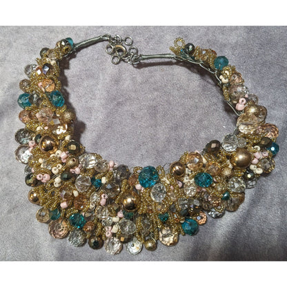 Aldo Gold And Blue Glam Beaded Cluster Bib Statement Necklace