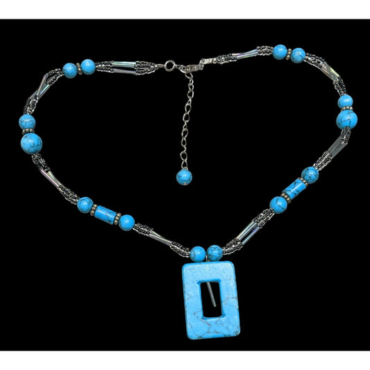 Geometric Faux Turquoise Pendant Necklace With Beaded Chain & Adjustable Clasp