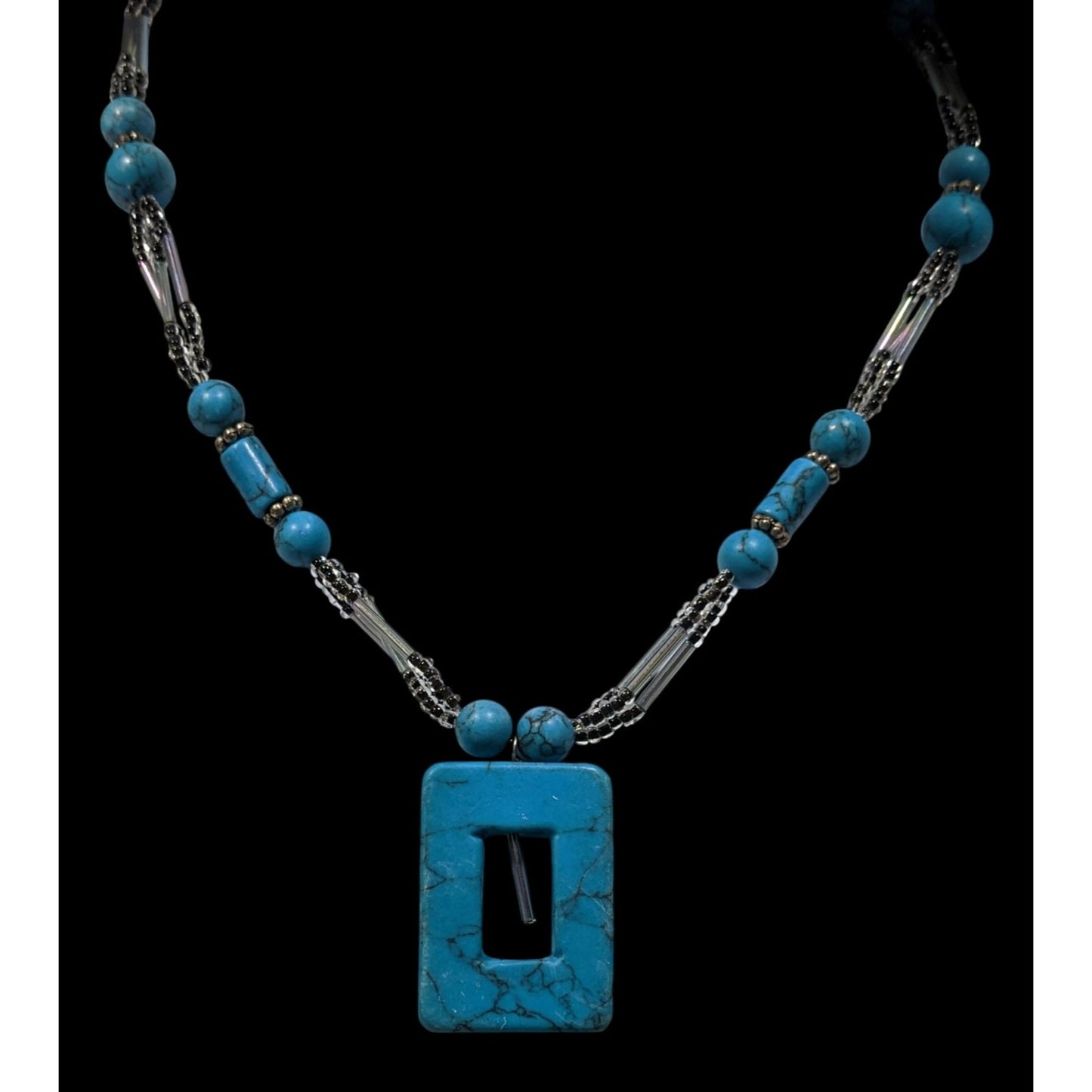 Geometric Faux Turquoise Pendant Necklace With Beaded Chain & Adjustable Clasp