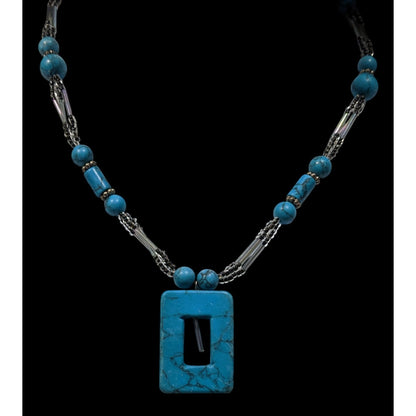 Geometric Faux Turquoise Pendant Necklace With Beaded Chain & Adjustable Clasp