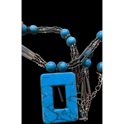 Geometric Faux Turquoise Pendant Necklace With Beaded Chain & Adjustable Clasp