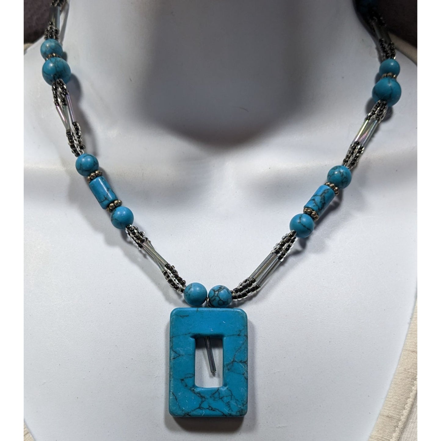 Geometric Faux Turquoise Pendant Necklace With Beaded Chain & Adjustable Clasp