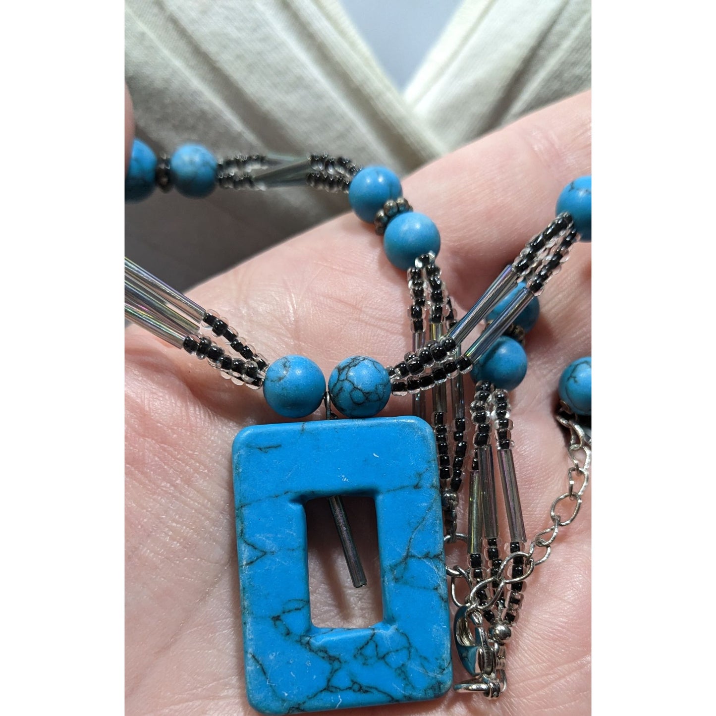Geometric Faux Turquoise Pendant Necklace With Beaded Chain & Adjustable Clasp