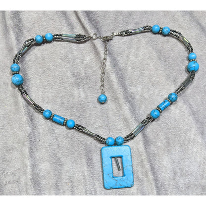 Geometric Faux Turquoise Pendant Necklace With Beaded Chain & Adjustable Clasp